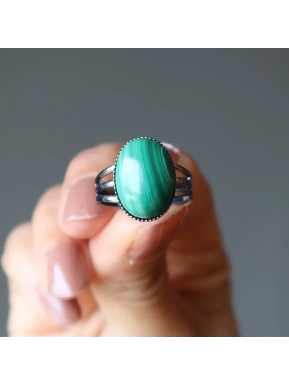 Malachite Ring Tough Gunmetal Adjustable Size 4 to 10 Green Gemstone Boho Jewelr
